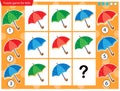 What item are missing? Color umbrellas. Logic puzzle game for kids. Education game for children. Sudoku puzzle. Worksheet vector Royalty Free Stock Photo