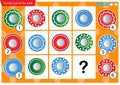 What item are missing? Colorful saucers. Logic puzzle game for kids. Education game for children. Sudoku puzzle. Worksheet vector