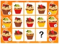 What item are missing? Holiday cupcakes or muffins. Pastry and bakery. Logic puzzle game for kids. Education game for children.