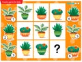 What item are missing? Houseplants or indoor plants. Logic puzzle game for kids. Education game for children. Sudoku puzzle.