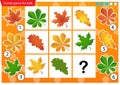 What item are missing? Leaves of trees. Leaf of oak, maple and chestnut. Logic puzzle game for kids. Education game for children.