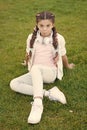 What makes child happy. Girl braids hairstyle and modern headphones enjoy relax. Secrets to raising happy child. Girl