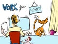 What it means `Working from Home` - A mother sits at her desk, a child tugs at her leg and a cat sits on the table.