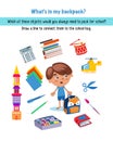 What is in my backpack. Connect items. Game for children. Activity, vector. Royalty Free Stock Photo