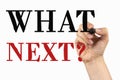 What next. Phrase on a whiteboard, written with black marker Royalty Free Stock Photo