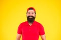 What a nice day. bearded man red shirt and cap. male summer fashion. Barber salon and facial hair care. being trendy and Royalty Free Stock Photo