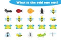 What is the odd one out for children, insects theme in cartoon style, fun education game for kids, preschool worksheet activity,