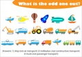 What is the odd one out for children, transport in cartoon style, fun education game for kids, preschool worksheet activity, task