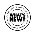 What`s New question text stamp, concept background Royalty Free Stock Photo