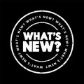 What`s New question text stamp, concept background Royalty Free Stock Photo