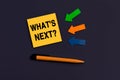 What`s Next - concept of text on sticky note. Question for Social media, Blog post. Orange square sticky note, pen and colorful Royalty Free Stock Photo