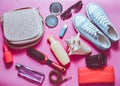 What& x27;s in the women& x27;s bag? Going on a trip. Girly fashionable Royalty Free Stock Photo