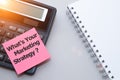 what's your marketing strategy question written on sticker Royalty Free Stock Photo