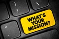 What\'s Your Mission? text button on keyboard, concept background Royalty Free Stock Photo