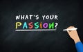 What`s your Passion? Question Hand written On chalkboard. colorful text on chalk board with human hand writing