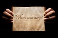 What`s your story? hands holding an open book background Royalty Free Stock Photo