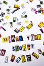 A word writing text showing concept of Wha`s your story question made of different magazine newspaper letter for Business case o Royalty Free Stock Photo