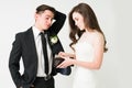 Young bride paying with the groom`s money Royalty Free Stock Photo