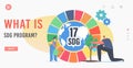 What is SDG Program Landing Page Template. Characters Watering Plant at Colorful Wheel with Sustainable Development