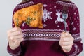 What should I use to eat with? Fork or hands concept. Cropped closeup photo of pondering pensive lady trying to make choice