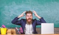 What stupid thought. Man bearded teacher aggressive expression sit classroom chalkboard background. Unpleasant wonder Royalty Free Stock Photo