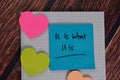 It is What It Is text on sticky notes with office desk