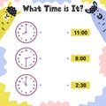 What time is it activity page for kids with clock Royalty Free Stock Photo