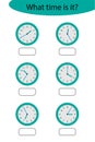 What time is it, game with clocks for children, fun education activity for kids, educational task for the development of