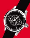 What time is it? Watch. Graphic image of a luxury watch on a red background.
