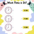 What time is it worksheet for kids. Telling time practice Royalty Free Stock Photo