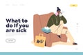 What to do if you sick concept of landing page with ill unhealthy woman with flu or cold sneezing