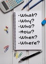 What Why Who How word on notebook Royalty Free Stock Photo