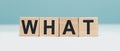 What - word concept from wooden blocks on blue background