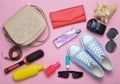 What& x27;s in the women& x27;s bag? Going on a trip. Girly fashionable spring and summer accessories. Royalty Free Stock Photo