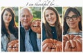 What are you thankful for. Composite shot of four people holding a pumpkin.