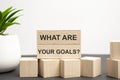 what are your goals question in vintage wooden letterpress printing blocks, stained by color inks, isolated on white
