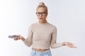 What your problem. Portrait of irritated pissed and freaked out bothered bossy blond businesswoman in glasses spread Royalty Free Stock Photo