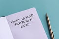 What is your purpose in life? text on note pad Royalty Free Stock Photo