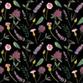 Whatercolor floral seamlees pattern with wild flowers on black background