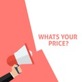 WHATS YOUR PRICE? Announcement. Hand Holding Megaphone With Speech Bubble