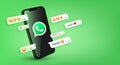 Whatsapp on 3d smartphone screen, chat and emoticon Isometric concept, vector editorial illustration