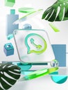 Whatsapp Icon Geometric Shapes with Glassmorphism Square Glass and Monstera Leaf 3D Render