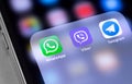 WhatsApp, Viber, Telegram icons app on the screen smartphone. Social media, messengers