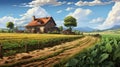 Rural background house green field tree landscape summer nature farm agricultural Royalty Free Stock Photo