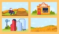 Wheat agriculture product vector illustration set, cartoon flat farm tractor harvesting wheat grain for flour milling Royalty Free Stock Photo