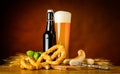 Wheat Beer with Prezel and Grilled Sausage Royalty Free Stock Photo