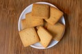 wheat biscuits also called food cracker famous as chai biscuit displayed in plate top view, selective focus