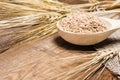 Wheat bran in wooden spoon with wheat ears