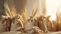 Wheat in burlap in sacks on a minimalistic background, industrial food cultivation.