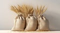 Wheat in burlap in sacks on a minimalistic background, industrial food cultivation.